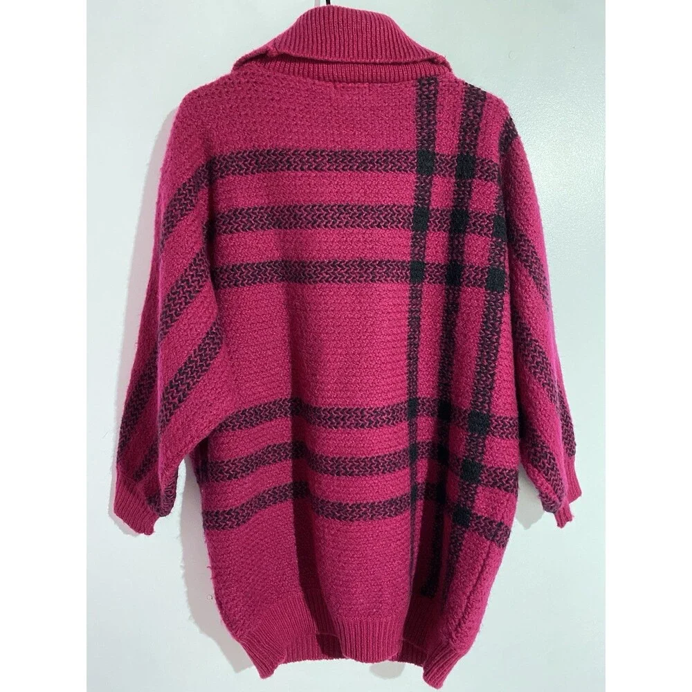 Vtg Aria Sweater L Fuchsia Pink Mohair Plaid Long Boho Oversized‎ Cozy Stretch